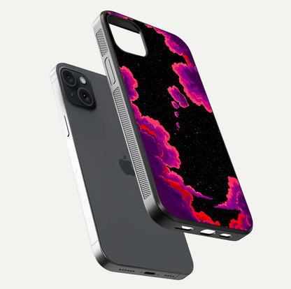 Galaxy Dream Frame Glass Case for iPhone 15 Plus floating dual-view mockup showing vibrant gloss and space-themed tones