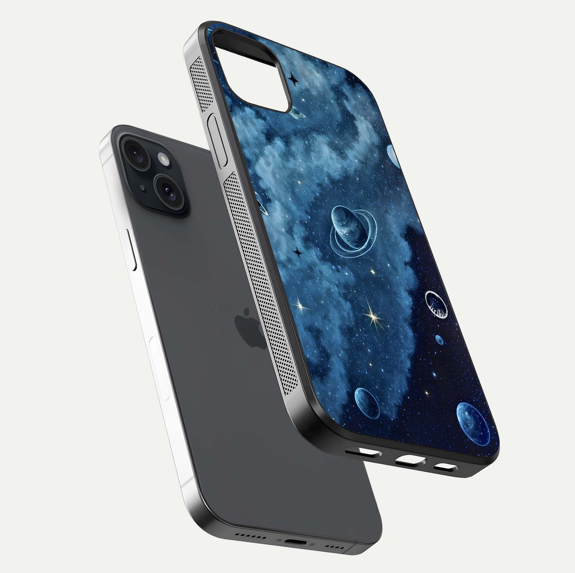 Galaxy Dream Space Glass Case for iPhone 15 Plus floating dual-view mockup showing glossy finish and celestial depth
