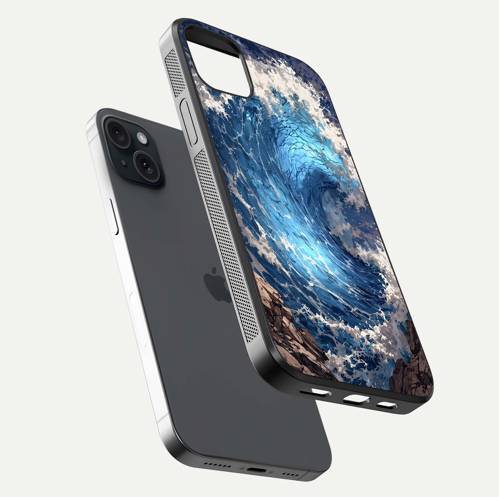 Giant Ocean Wave Glass Case for iPhone 15 Plus floating dual-view mockup showing glossy depth and aquatic blue gradient