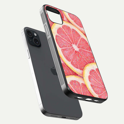 Glitter Grapefruit Glass Case for iPhone 15 Plus floating dual-view mockup showing HD gloss and fresh color detail
