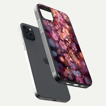 Glowing Petal Bliss Glass Case for iPhone 15 Plus floating dual-view mockup showing gloss brightness and delicate tone