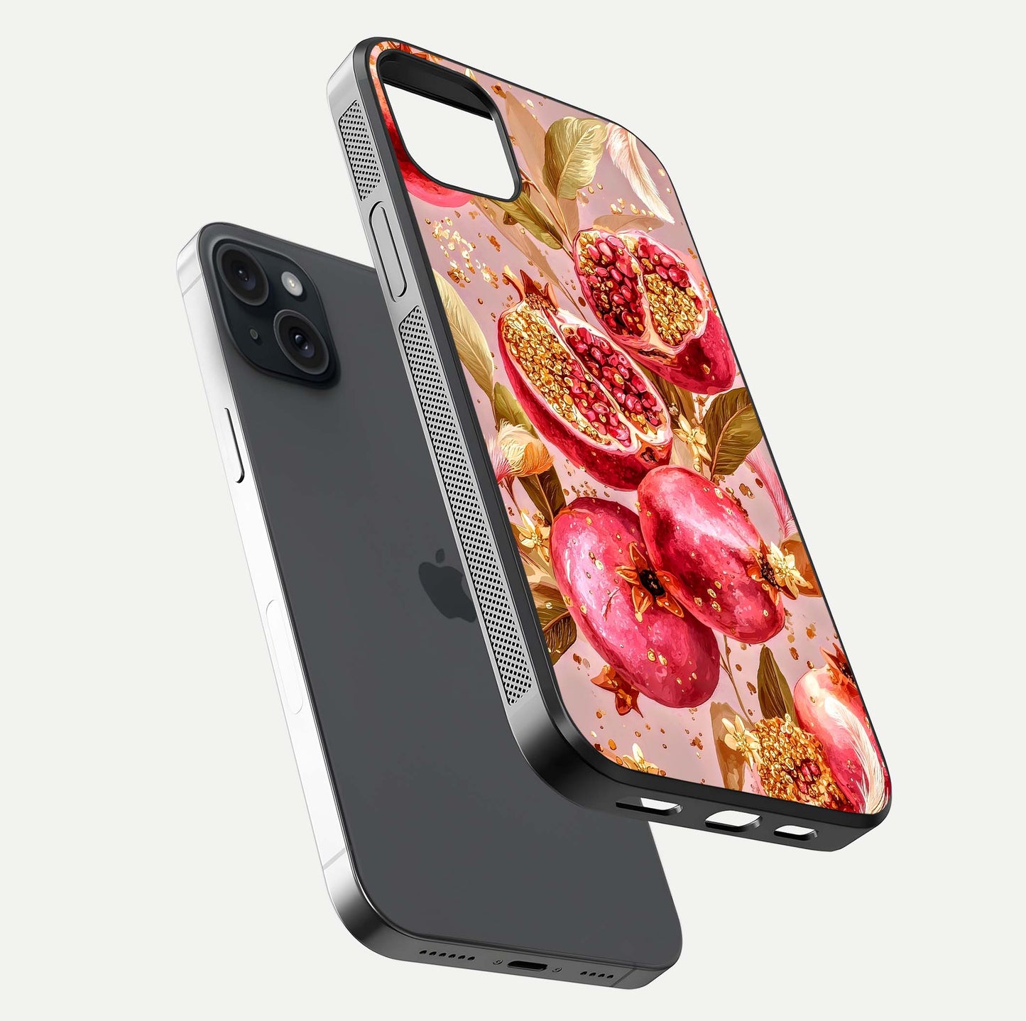 Golden Bloom Glow Glass Case for iPhone 15 Plus floating dual-view mockup showing glossy shine and golden shimmer