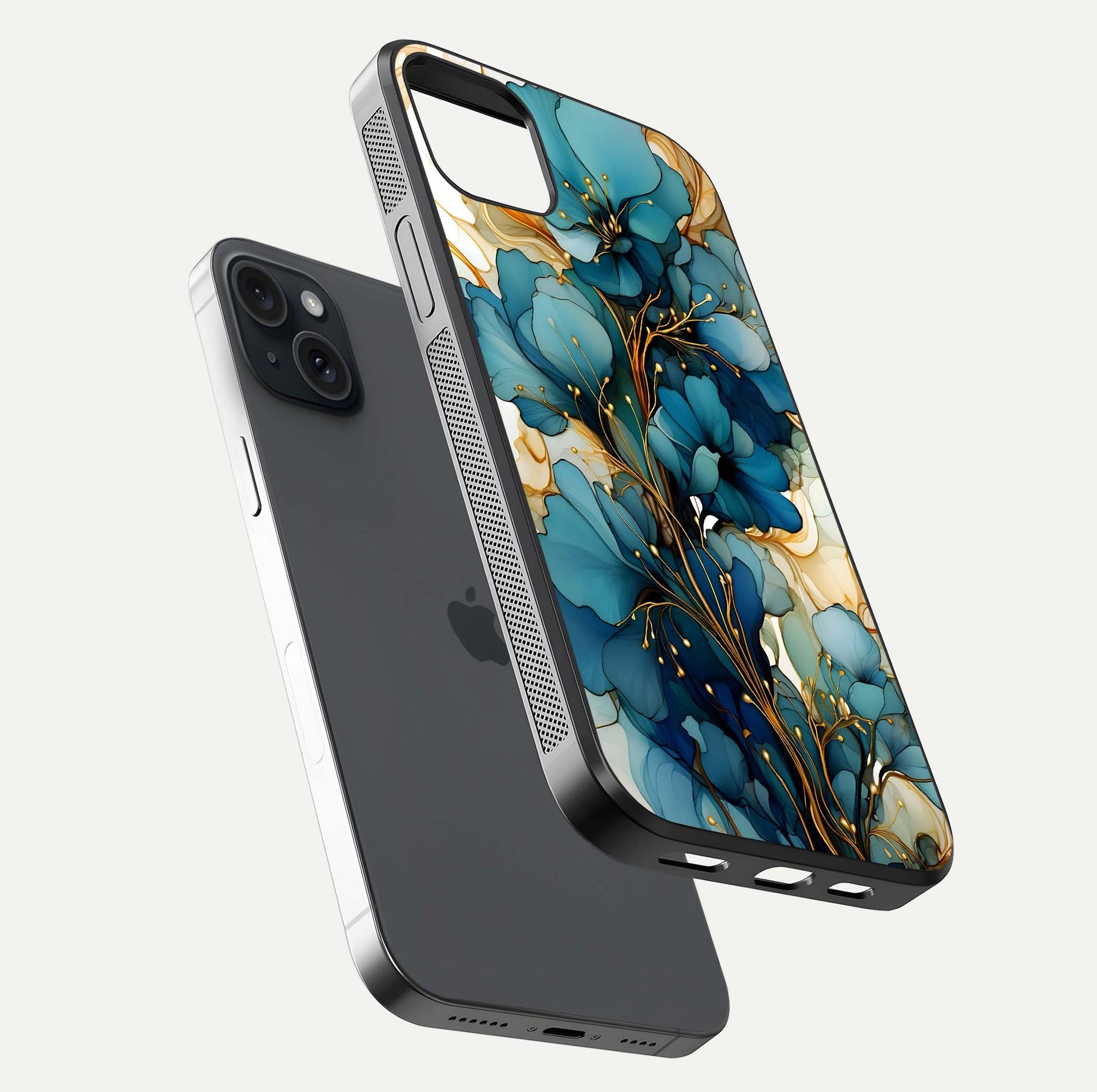Golden Bloom Symphony Glass Case for iPhone 15 Plus floating dual-view mockup displaying shine texture and luxury pattern