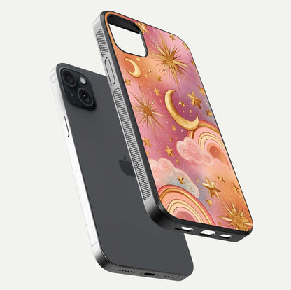 Golden Celestial Dreams Glass Case for iPhone 15 Plus floating dual-view mockup showing gloss surface and dream-like glow