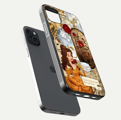 Golden Dream Belle Glass Case for iPhone 15 Plus floating dual-view mockup highlighting gloss texture and elegant shimmer