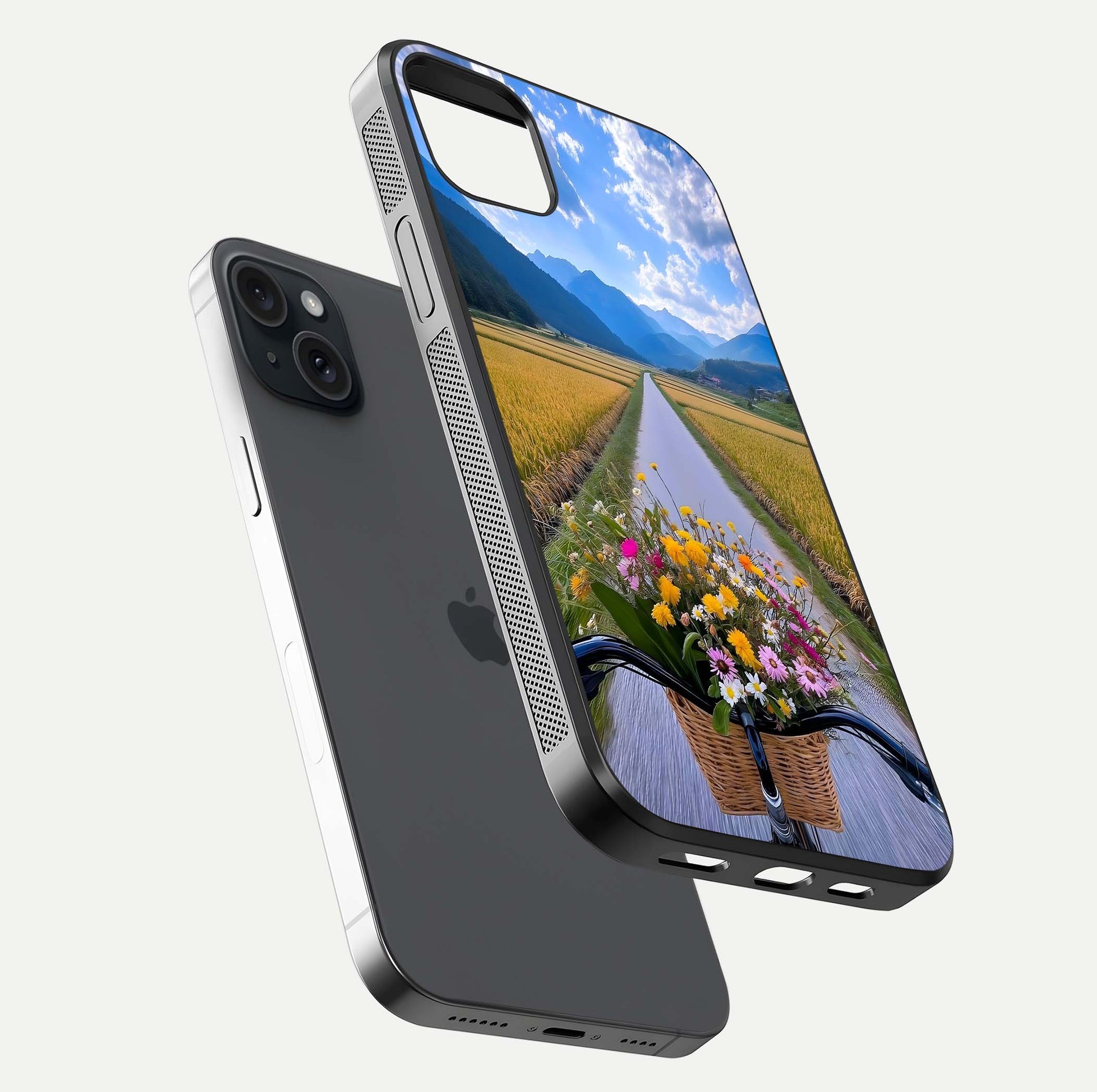 Golden Field Journey Glass Case for iPhone 15 Plus floating dual-view mockup showing gloss surface and field depth