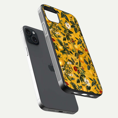 Golden Lemon Field Glass Case for iPhone 15 Plus floating dual-view mockup showing gloss shine and yellow-gold palette