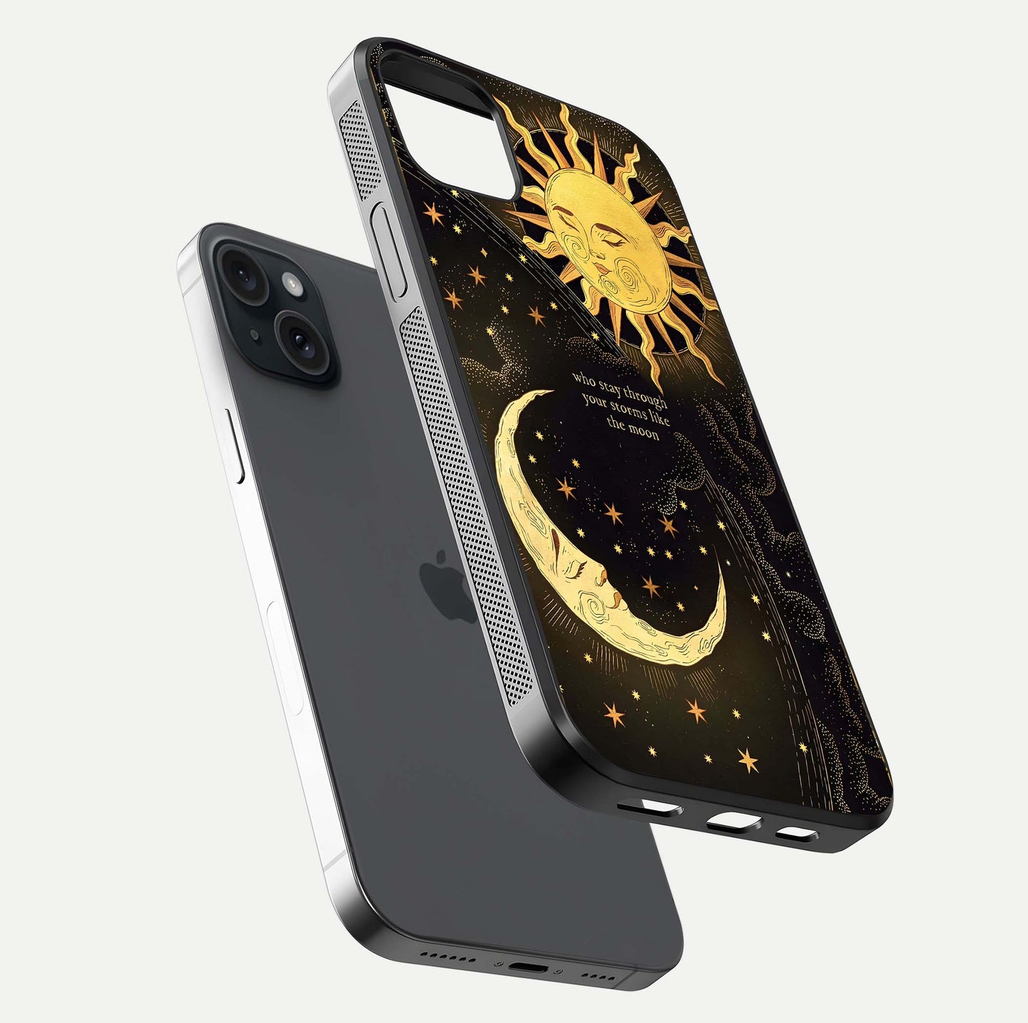 Golden Lunar Love Glass Case for iPhone 15 Plus floating dual-view mockup showing glossy glow and romantic theme