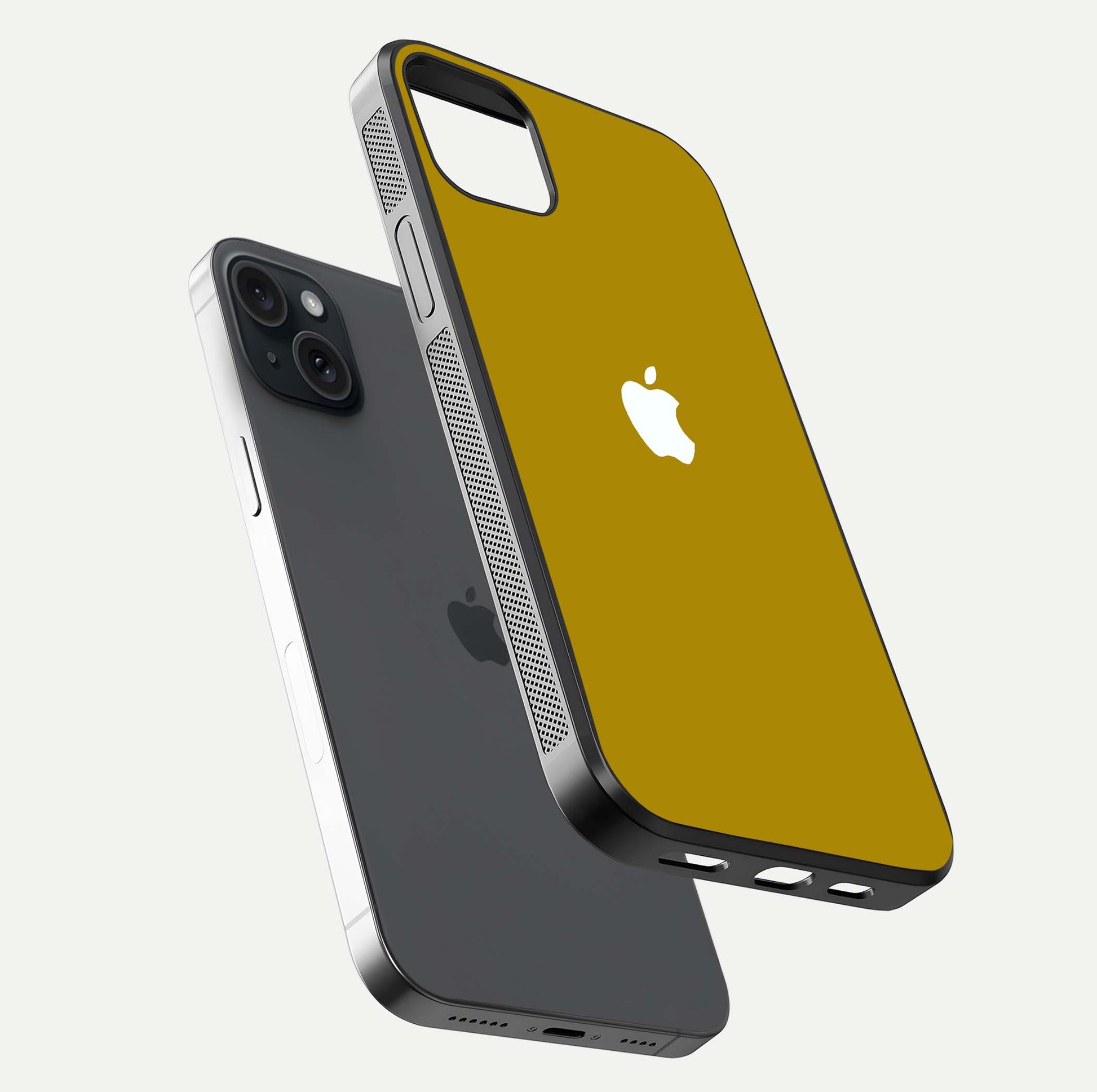 Golden Luxe Aura Glass Case for iPhone 15 Plus floating dual-view mockup showing glossy texture and elegant gold gradient