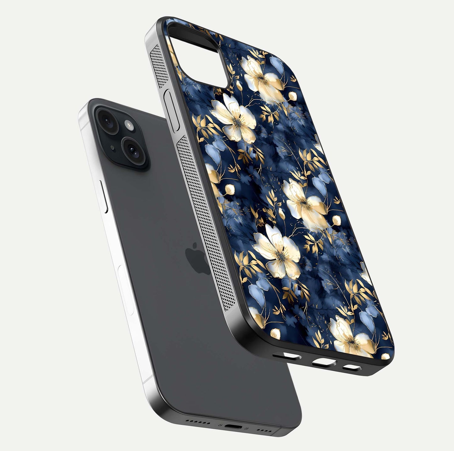 Golden Midnight Bloom Glass Case for iPhone 15 Plus floating dual-view mockup showing gloss polish and metallic reflection
