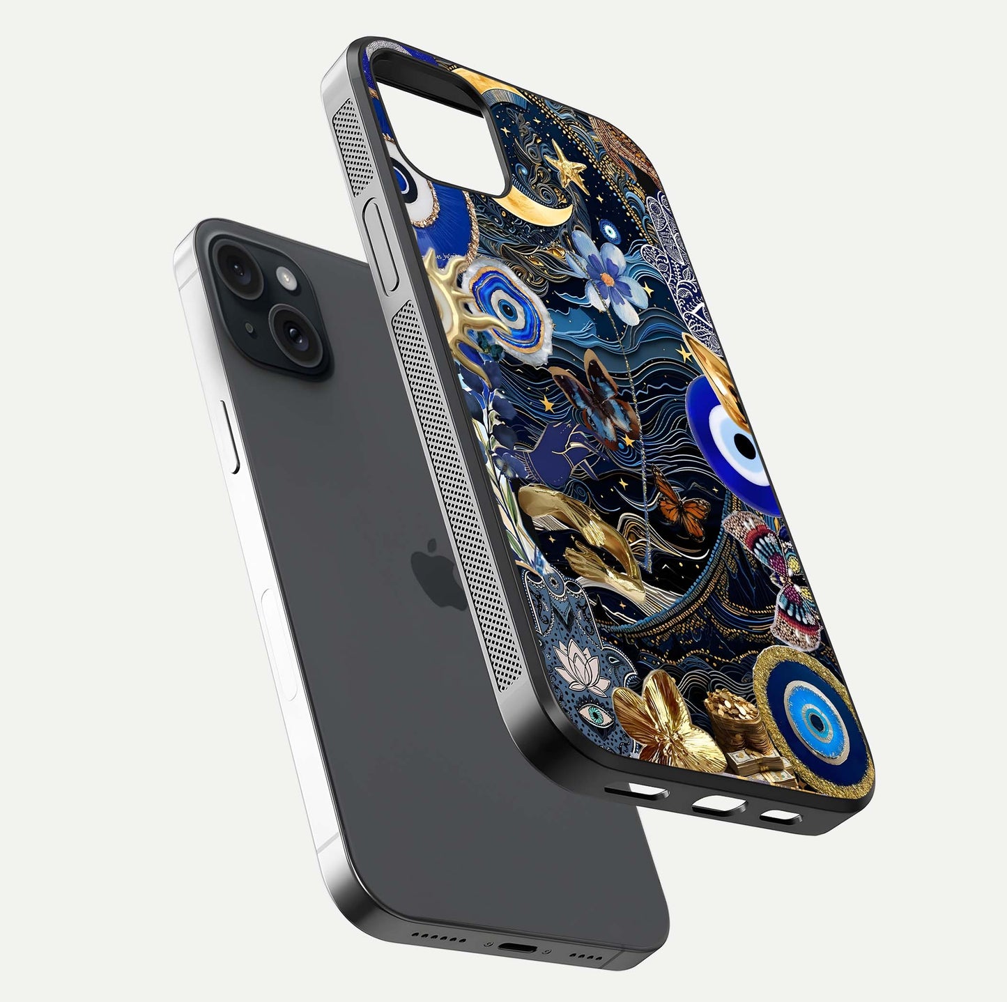 Golden Moon Magic Glass Case for iPhone 15 Plus floating dual-view mockup showing gloss texture and golden illumination