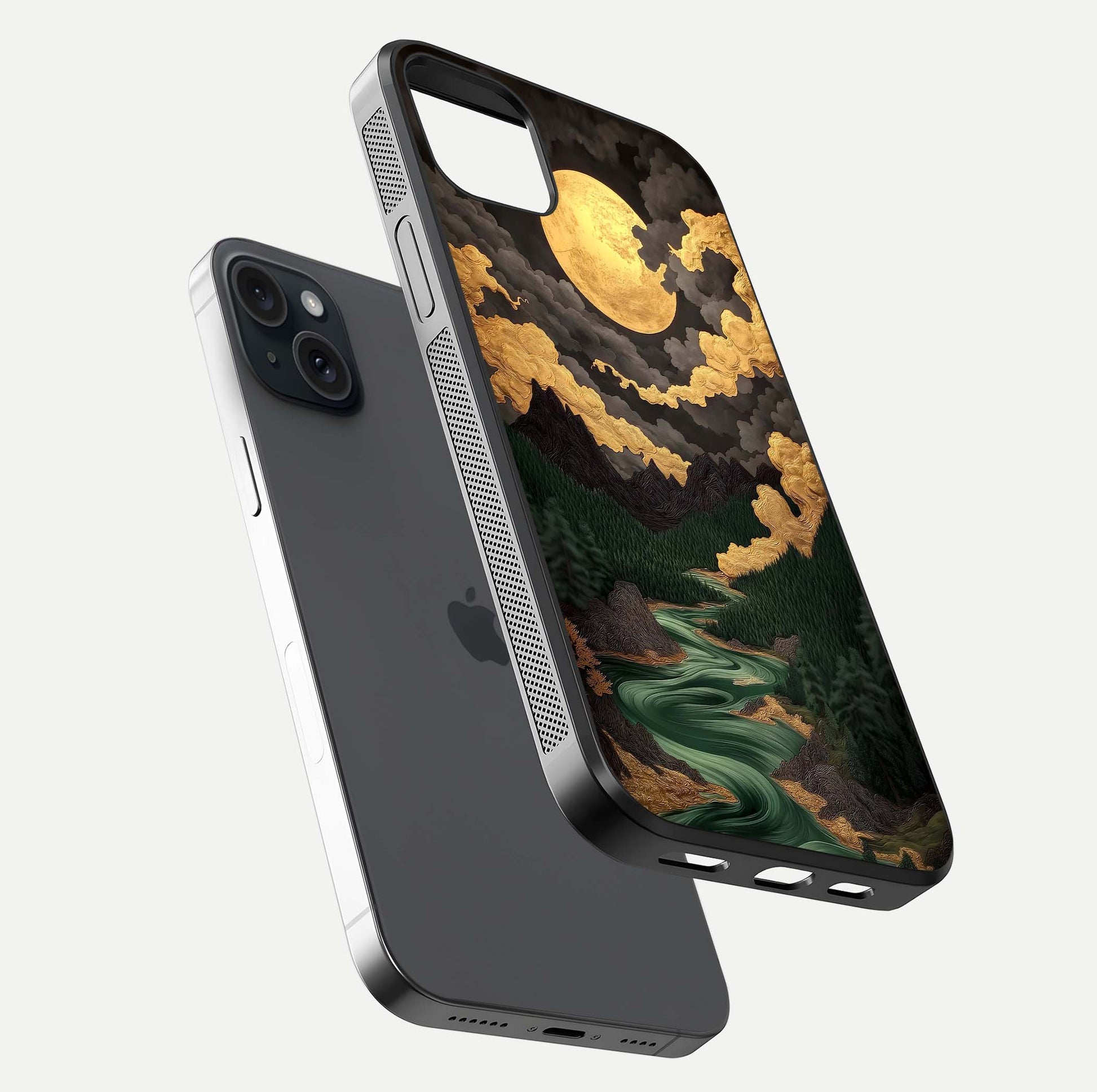 Golden River Moon Glass Case for iPhone 15 Plus floating dual-view mockup showing gloss surface and luxury tone