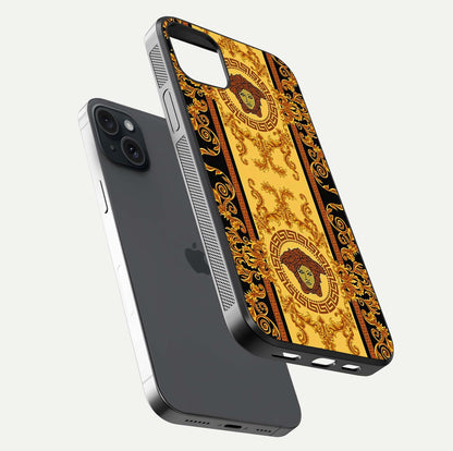 Golden Royal Heritage Glass Case for iPhone 15 Plus floating dual-view mockup showing glossy surface and rich regal tone