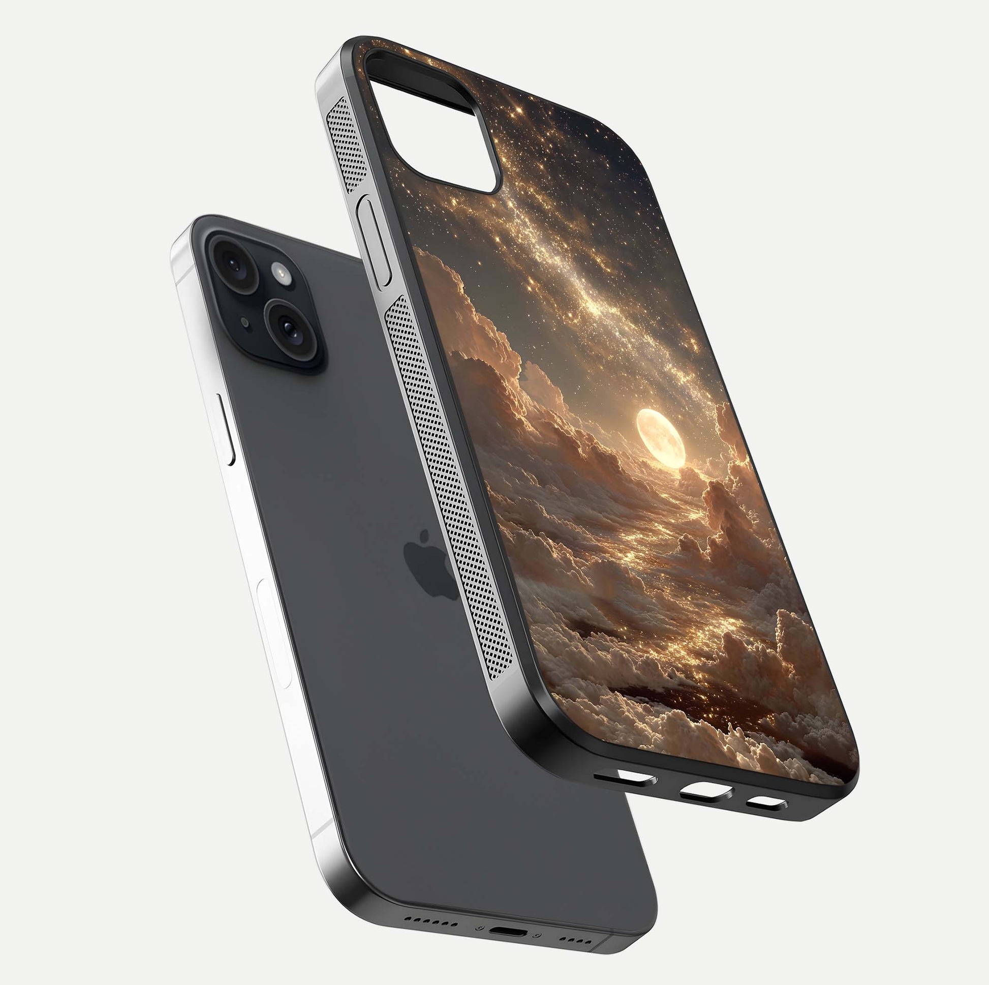 Golden Sky Dream Glass Case for iPhone 15 Plus floating dual-view mockup showing gloss depth and elegant finish