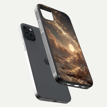 Golden Sky Dream Glass Case for iPhone 15 Plus floating dual-view mockup showing gloss depth and elegant finish