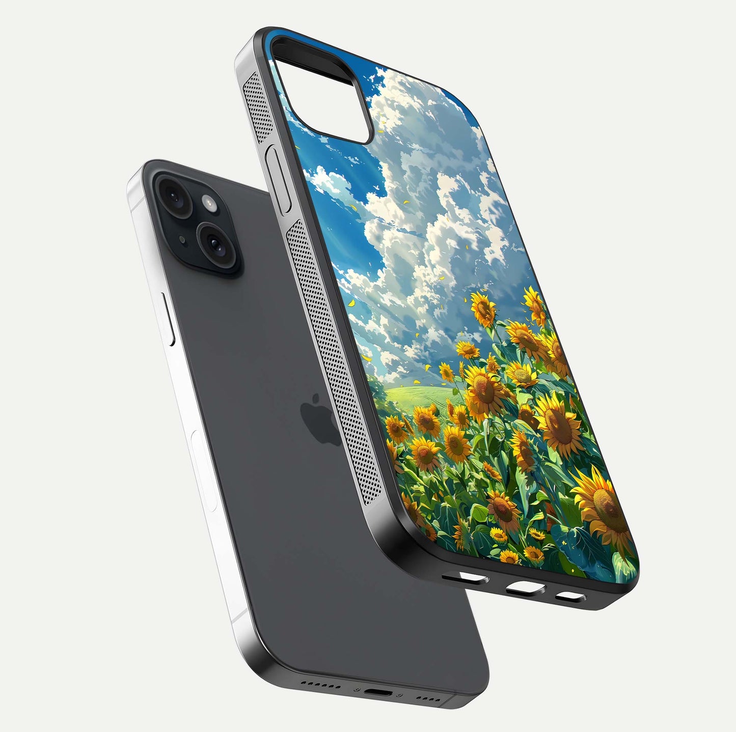 Golden Sun Glory Glass Case for iPhone 15 Plus floating dual-view mockup showing gloss shine and premium surface