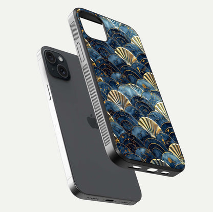 Golden Wave Luxe Glass Case for iPhone 15 Plus floating dual-view mockup showing gloss surface and shimmering tones