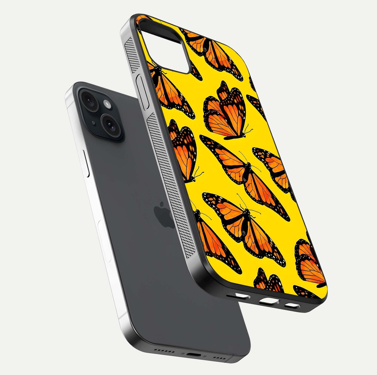 Golden Wing Flight Glass Case for iPhone 15 Plus floating dual-view mockup showing gloss reflection and luxury tone