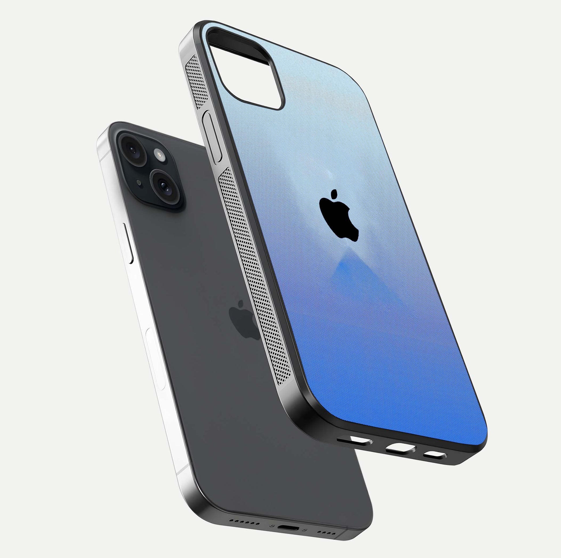Gradient Apple Vibe Glass Case for iPhone 15 Plus floating dual-view mockup showing gloss polish and gradient blend