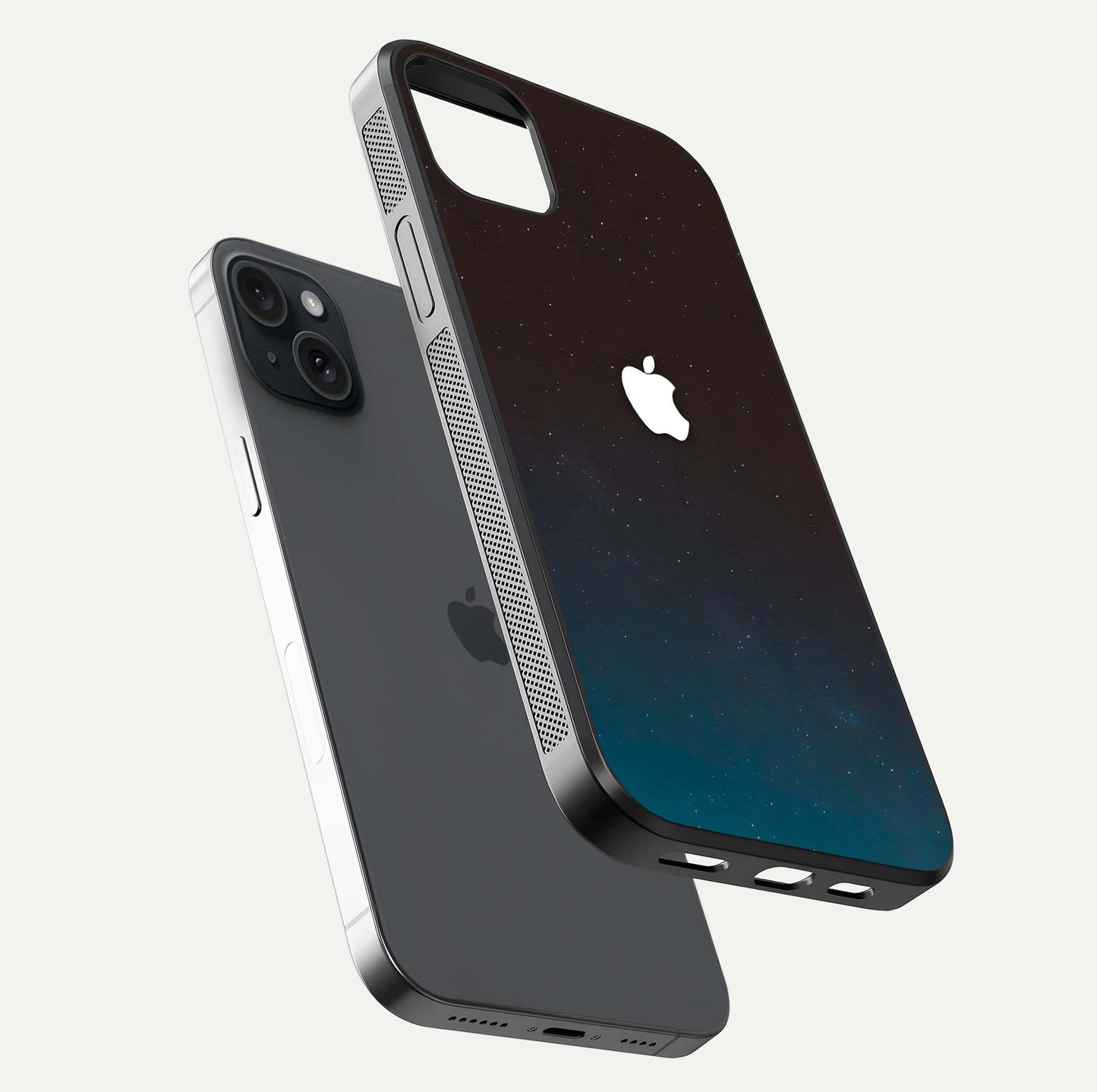 Green Emerald Apple Logo Glass Case for iPhone 15 Plus floating dual-view mockup showing glossy shine and premium color tone