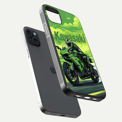 Green Kawasaki Glass Case for iPhone 15 Plus floating dual-view mockup showing gloss surface and power-bike theme