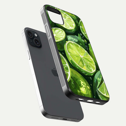 Green Lemon Glass Case for iPhone 15 Plus floating dual-view mockup showing glossy surface and fruity freshness