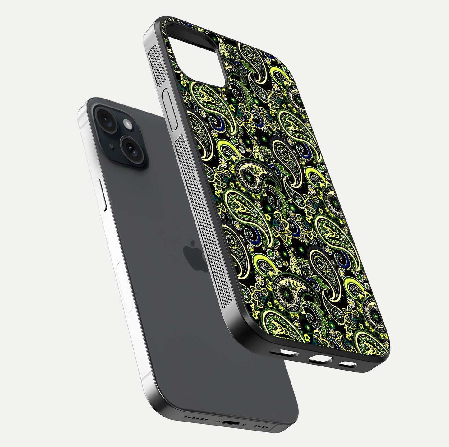 Green Mandala Pattern Glass Case for iPhone 15 Plus floating dual-view mockup showing gloss texture and symmetry shine