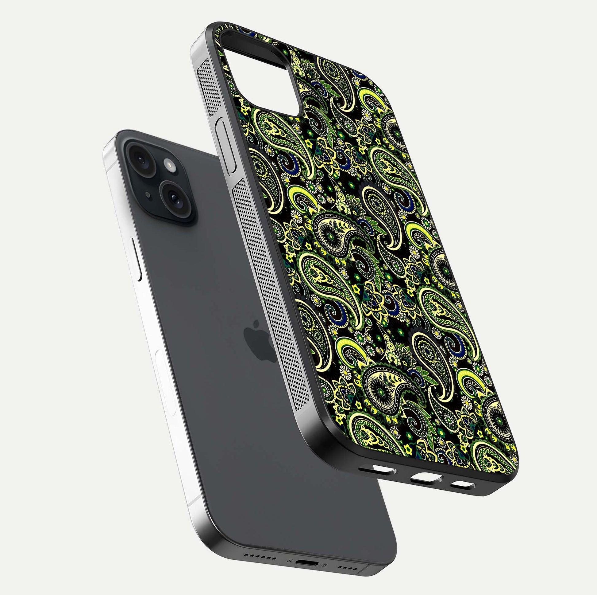 Green Mandala Pattern Glass Case for iPhone 15 Plus floating dual-view mockup showing gloss texture and symmetry shine