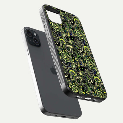 Green Mandala Pattern Glass Case for iPhone 15 Plus floating dual-view mockup showing gloss texture and symmetry shine