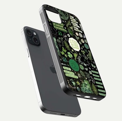 Green Moon Energy Glass Case for iPhone 15 Plus floating dual-view mockup showing glossy texture and energy aura