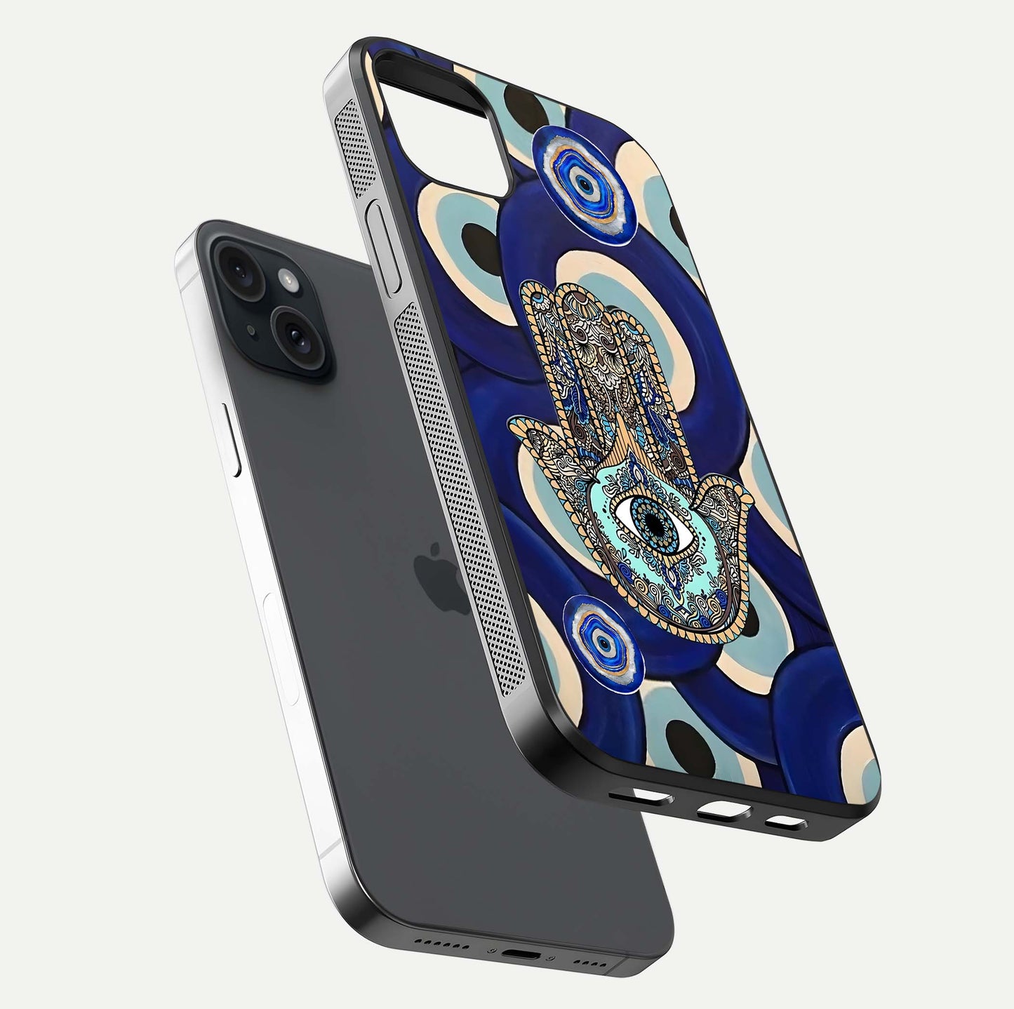 Hamsa Divine Guard Glass Case for iPhone 15 Plus floating dual-view mockup showing gloss shine and mystical pattern