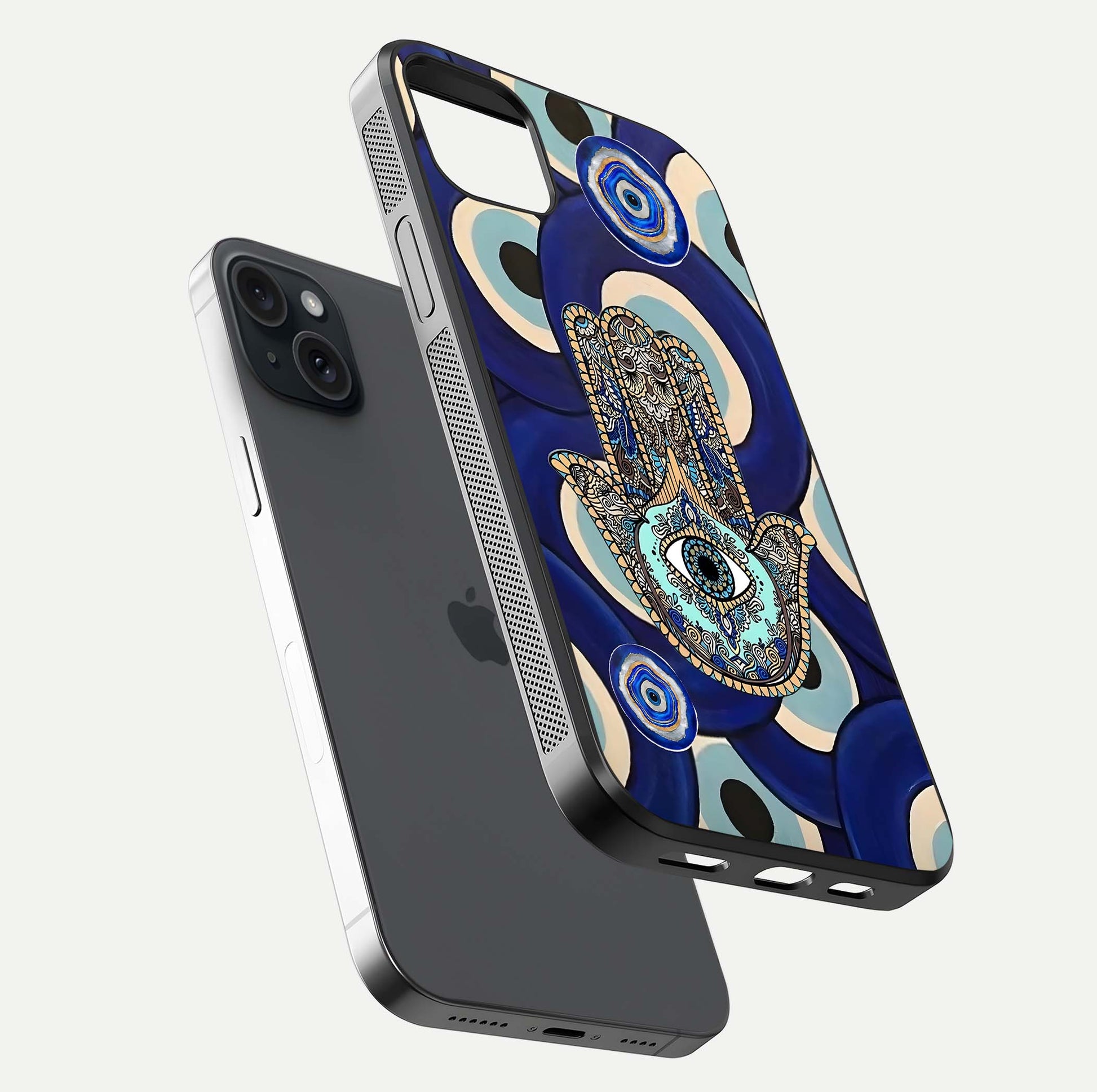 Hamsa Divine Guard Glass Case for iPhone 15 Plus floating dual-view mockup showing gloss shine and mystical pattern