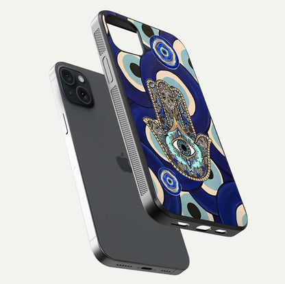 Hamsa Divine Guard Glass Case for iPhone 15 Plus floating dual-view mockup showing gloss shine and mystical pattern