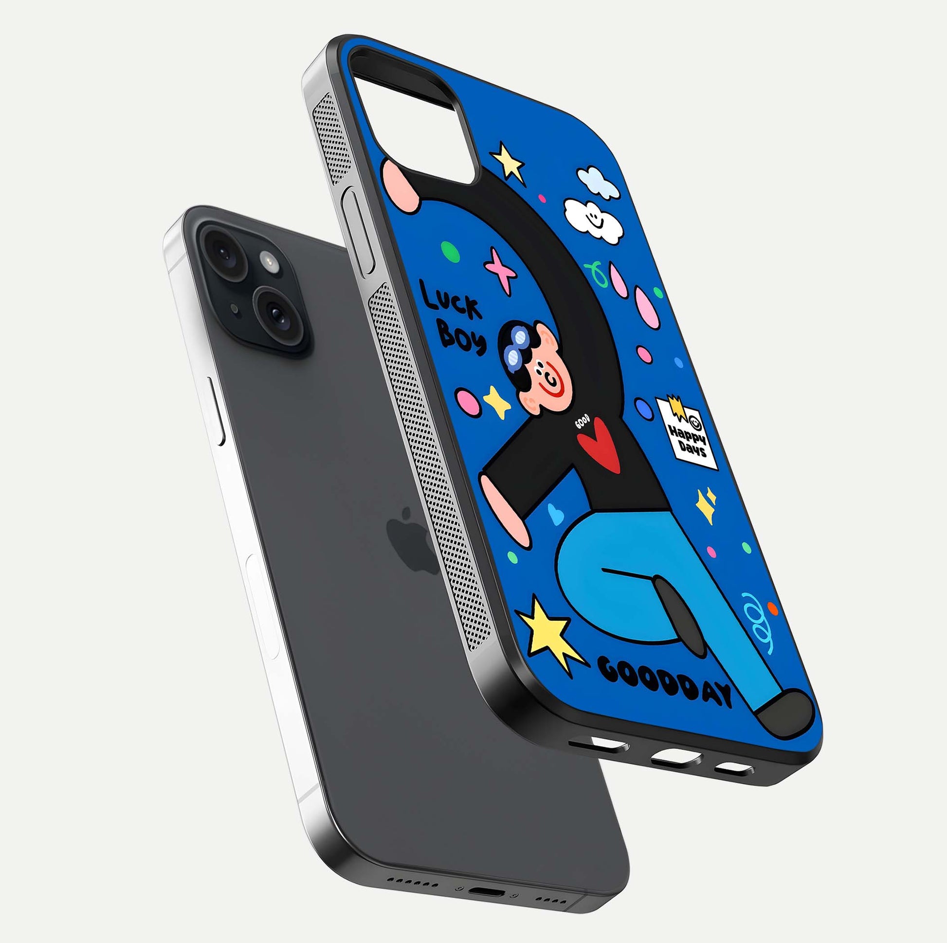 Happy Luck Vibe Glass Case for iPhone 15 Plus floating dual-view mockup showing glossy tone and bright finish