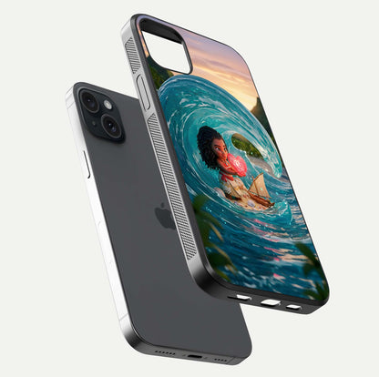 Heart of Ocean Glass Case for iPhone 15 Plus floating dual-view mockup showing gloss surface and aquatic design