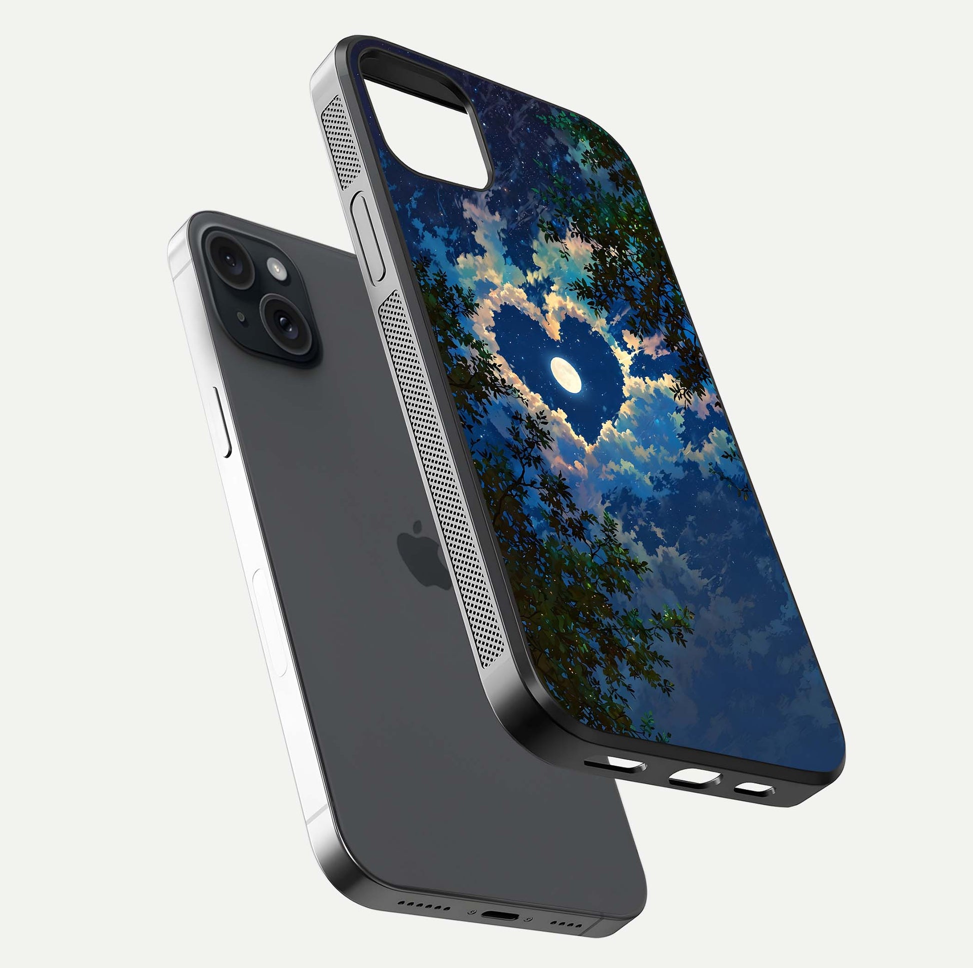 Heart with Moon Sky Glass Case for iPhone 15 Plus floating dual-view mockup showing gloss texture and romantic sky glow