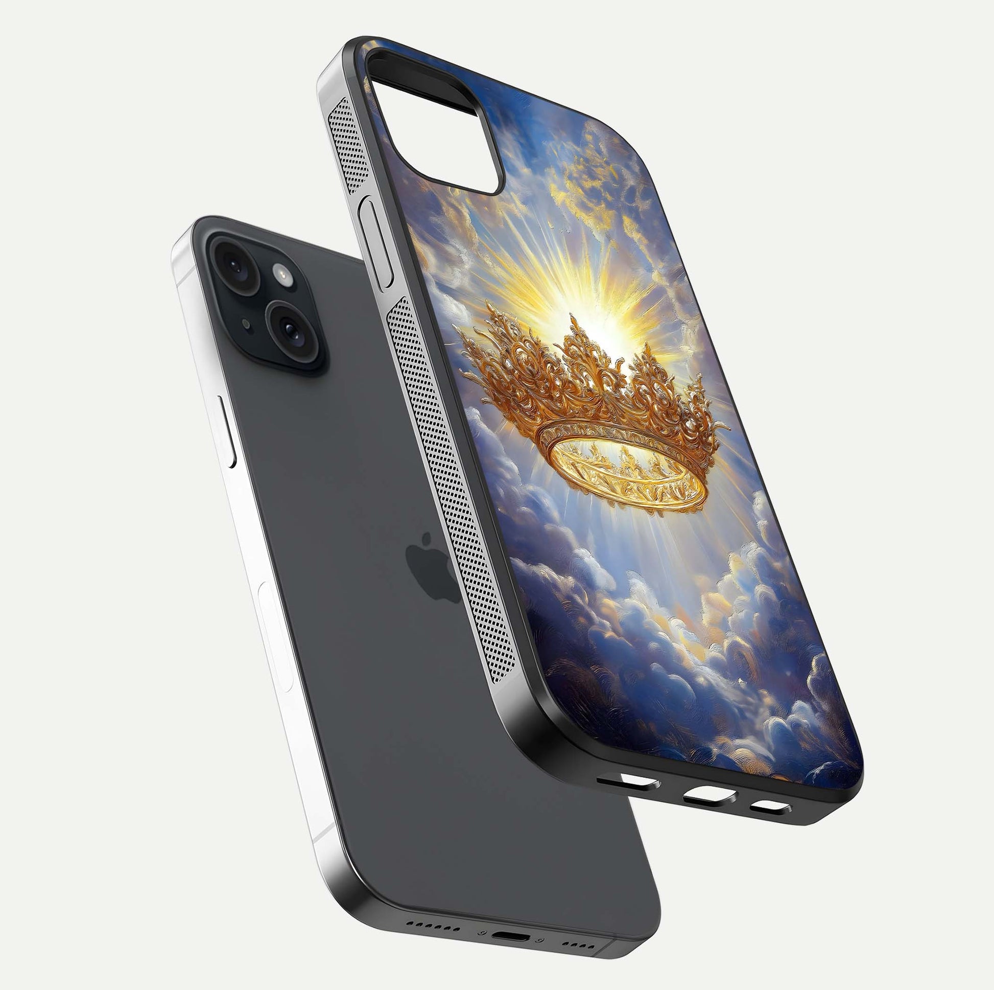 Heavenly Crown Light Glass Case for iPhone 15 Plus floating dual-view mockup showing gloss shine and luminous crown texture