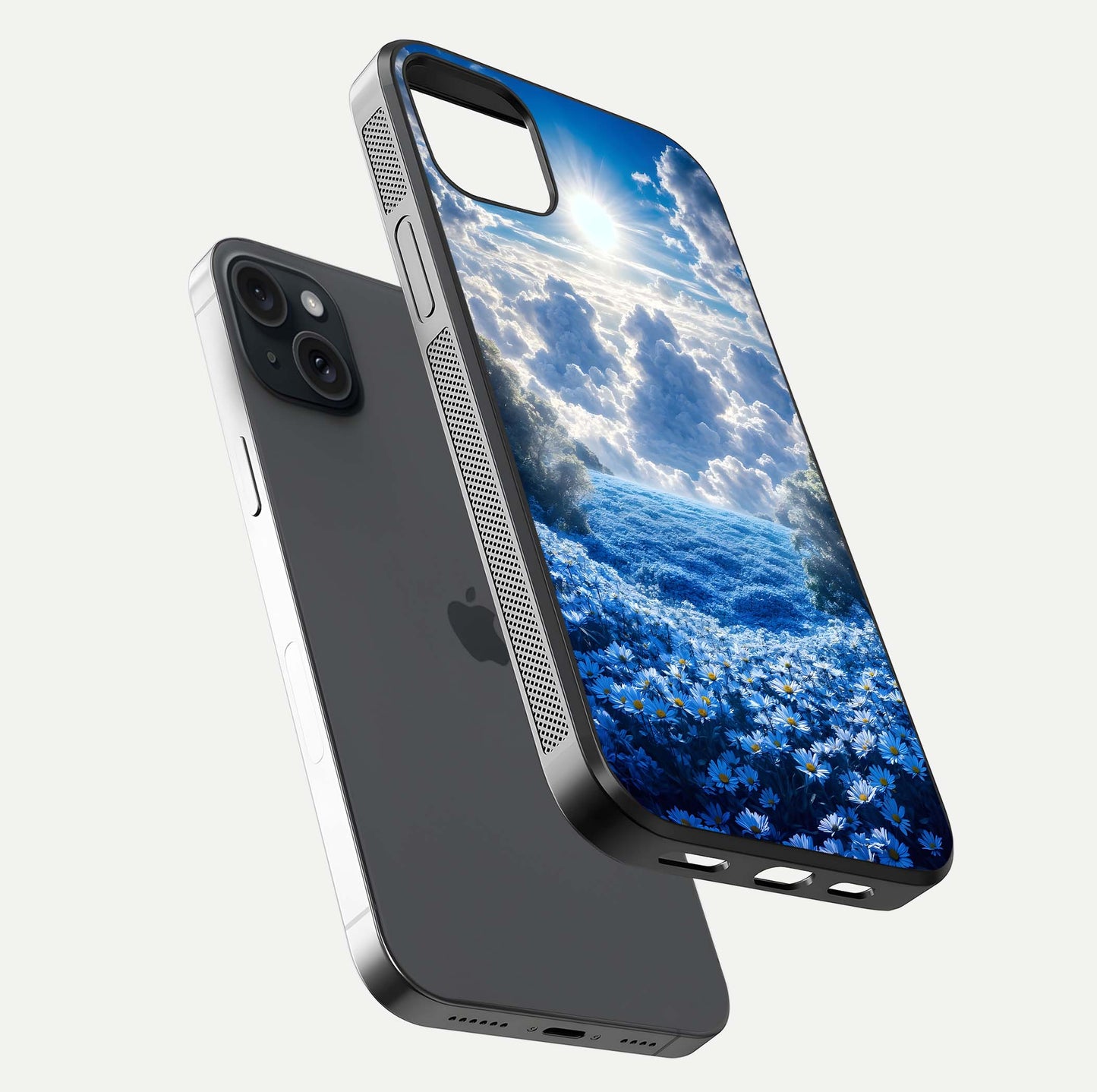 Heavenly Daisy Horizon Glass Case for iPhone 15 Plus floating dual-view mockup showing gloss polish and soft pastel background
