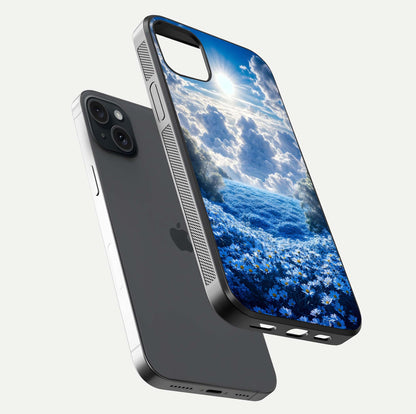 Heavenly Daisy Horizon Glass Case for iPhone 15 Plus floating dual-view mockup showing gloss polish and soft pastel background