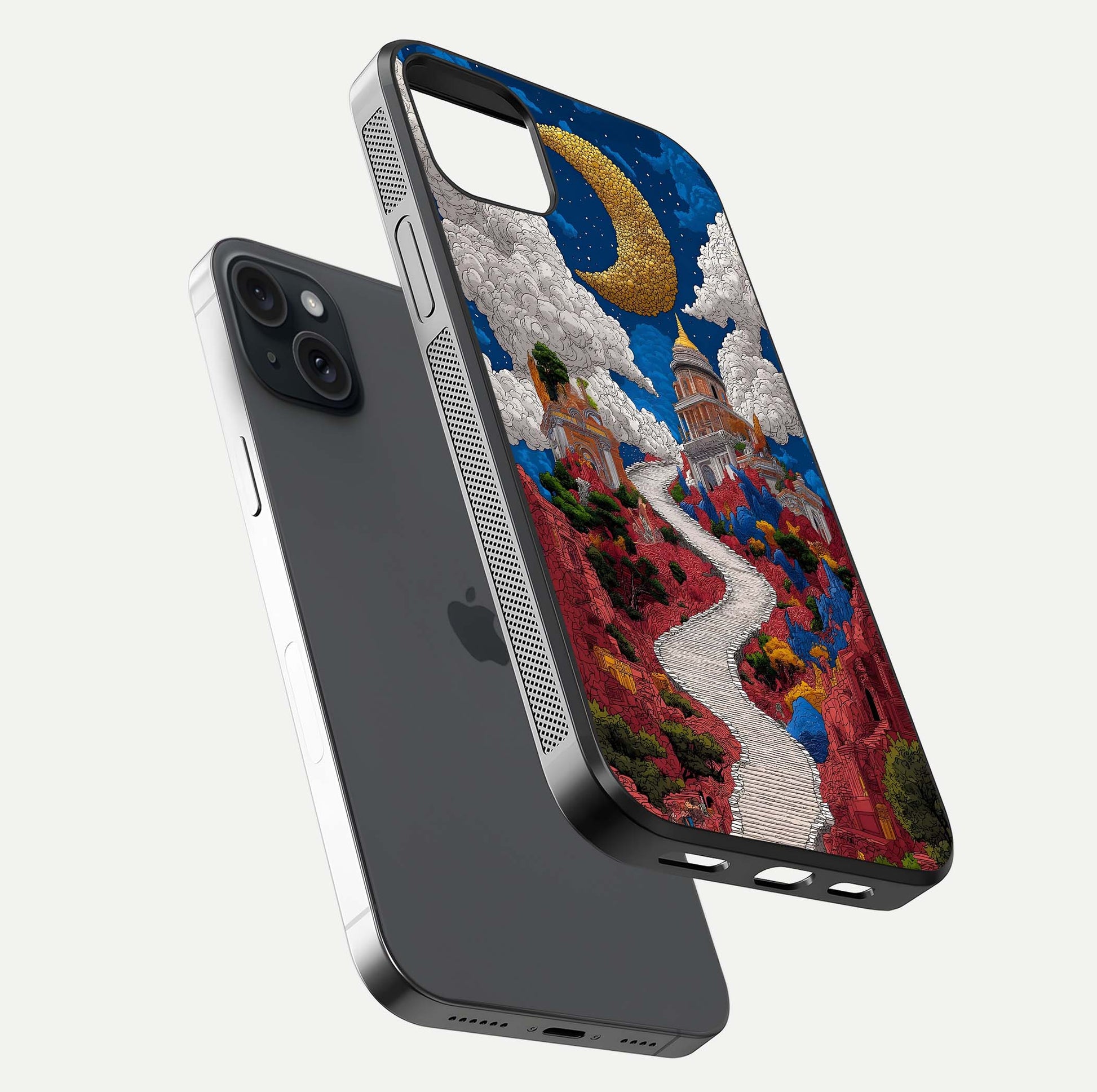 Heavenly Moon Path Glass Case for iPhone 15 Plus floating dual-view mockup showing gloss surface and celestial pathway