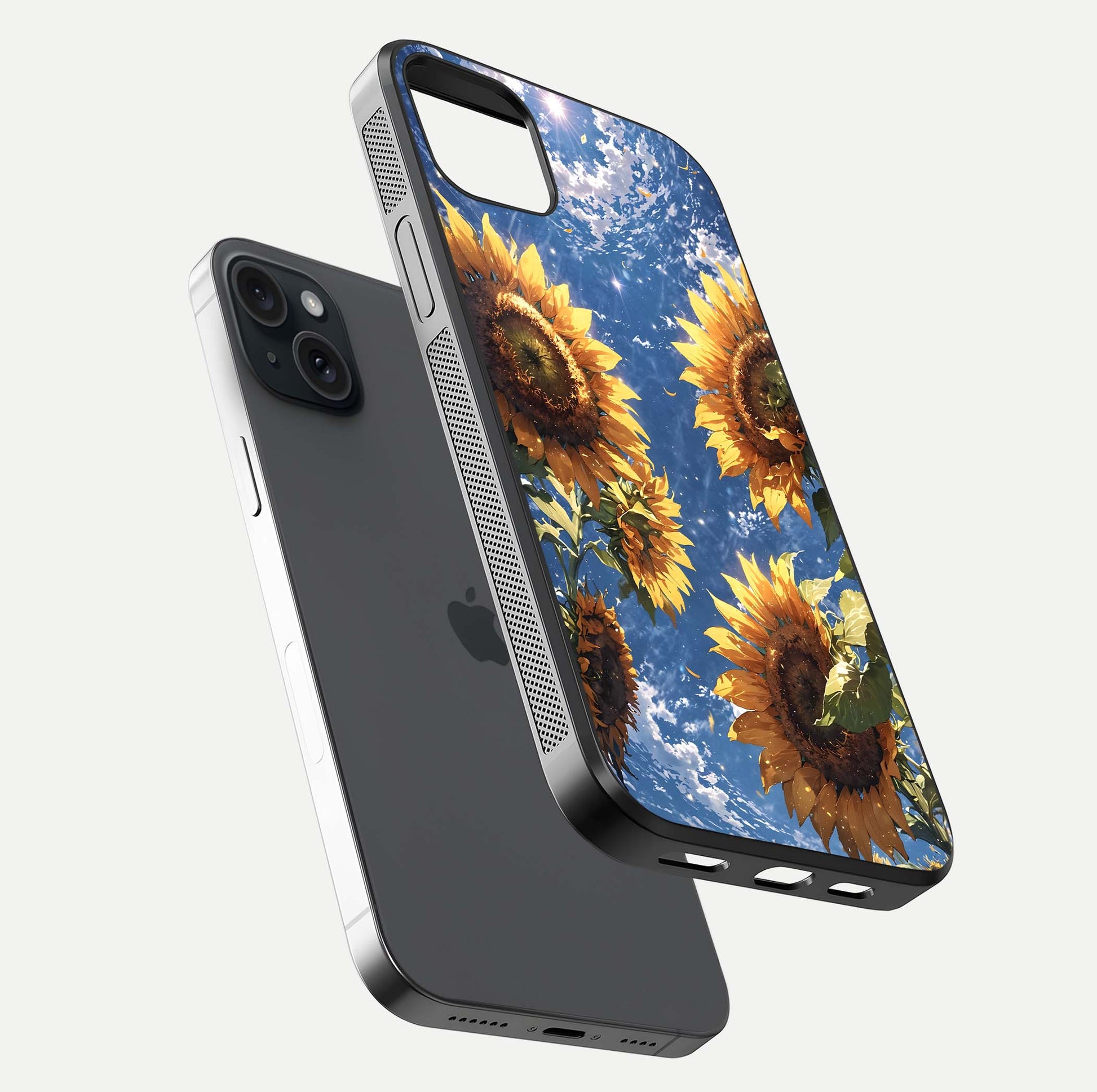 Heavenly Sunflower Rise Glass Case for iPhone 15 Plus floating dual-view mockup showing gloss brightness and morning-light feel