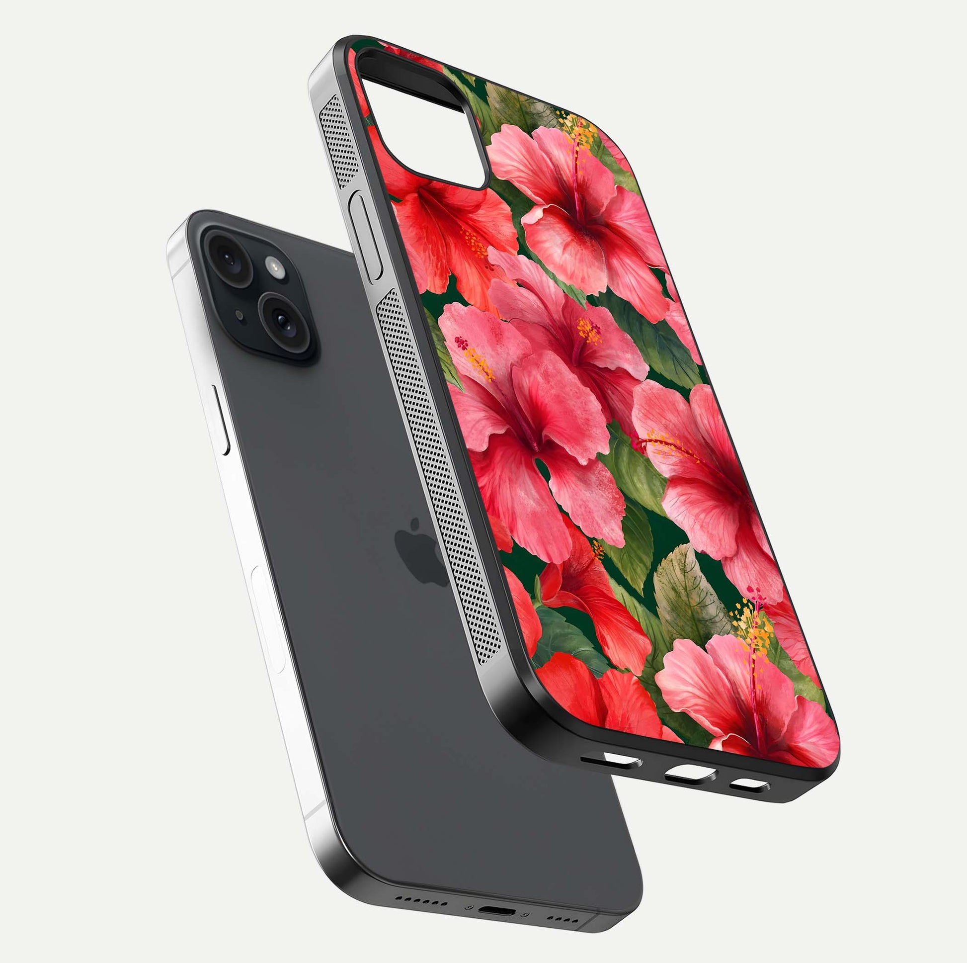 Hibiscus Pattern Glass Case for iPhone 15 Plus floating dual-view mockup showing glossy texture and vivid color depth