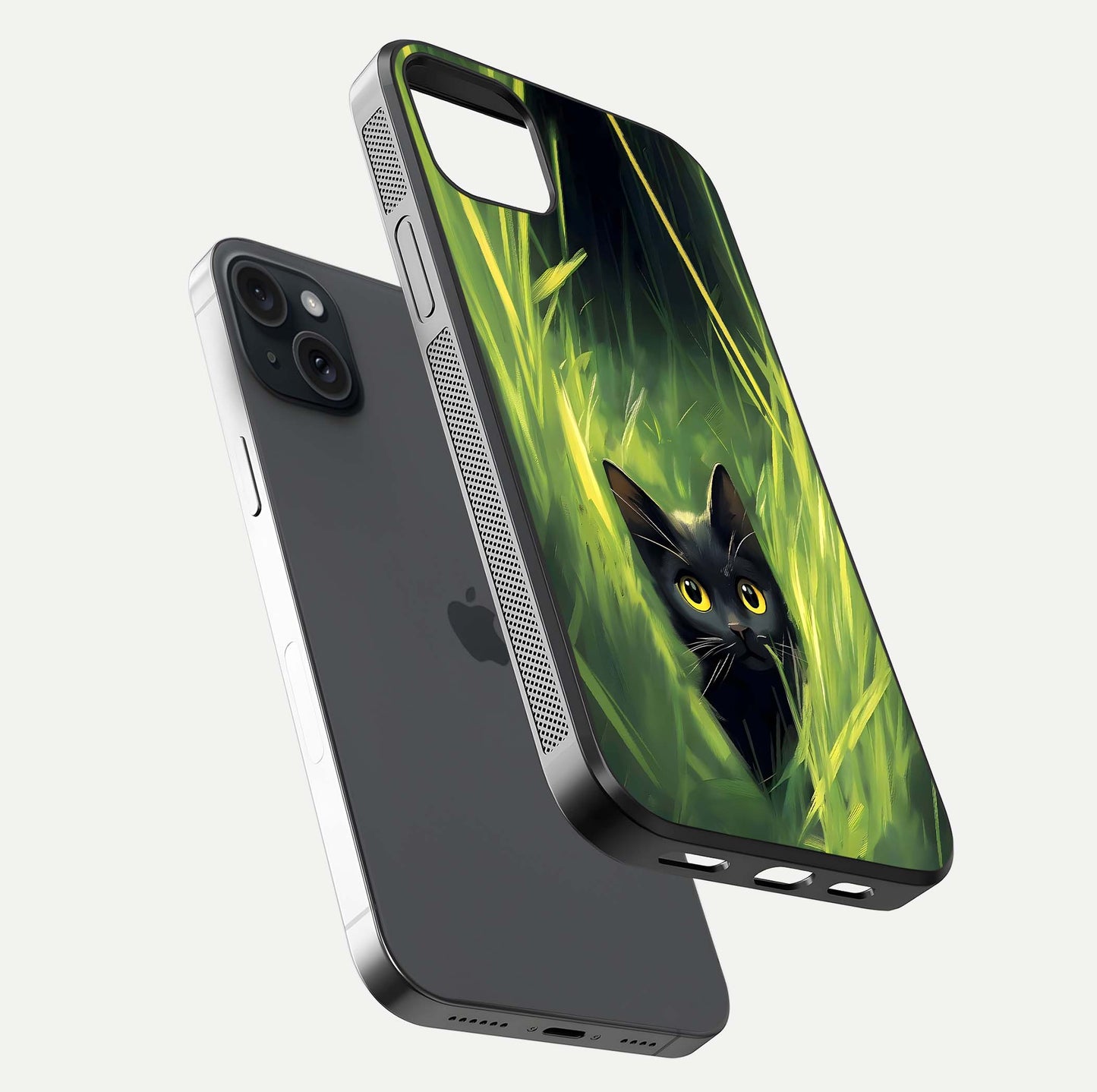 Hidden Cat Whisper Glass Case for iPhone 15 Plus floating dual-view mockup showing glossy tone and elegant cat silhouette