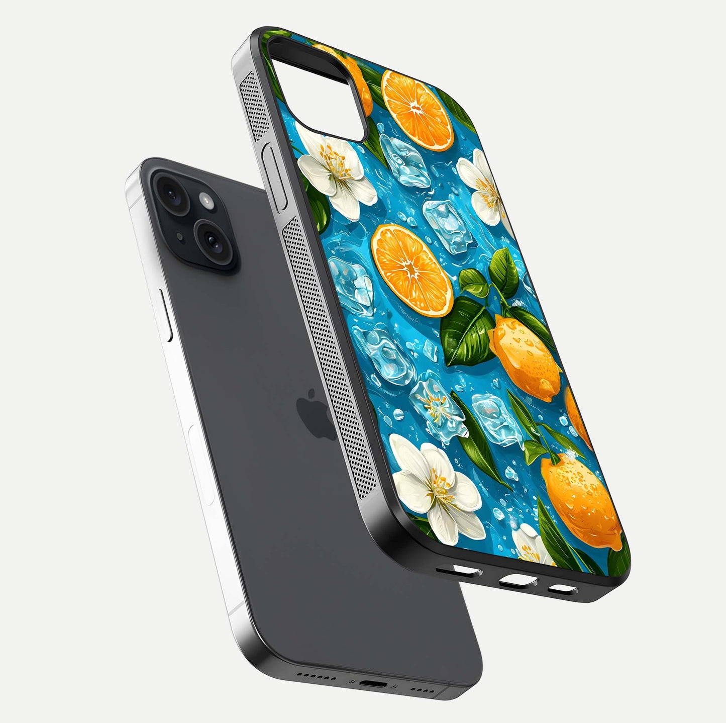Ice Cube With Orange Glass Case for iPhone 15 Plus floating dual-view mockup showing glossy shine and cool refreshing tone