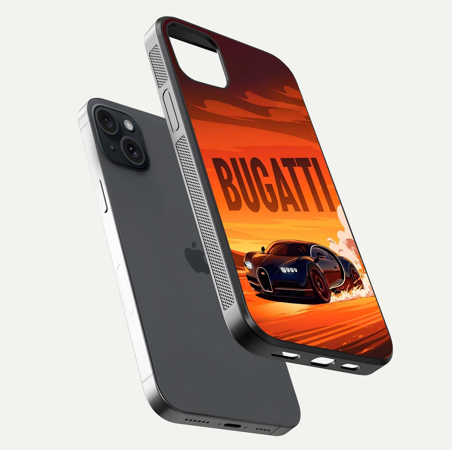 Inferno Bugatti Storm Glass Case for iPhone 15 Plus floating dual-view mockup showing gloss surface and racing energy