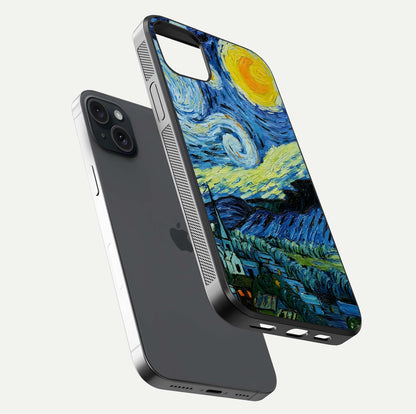 Inspired Van Gogh Art Glass Case for iPhone 15 Plus floating dual-view mockup showing gloss depth and artistic reflection
