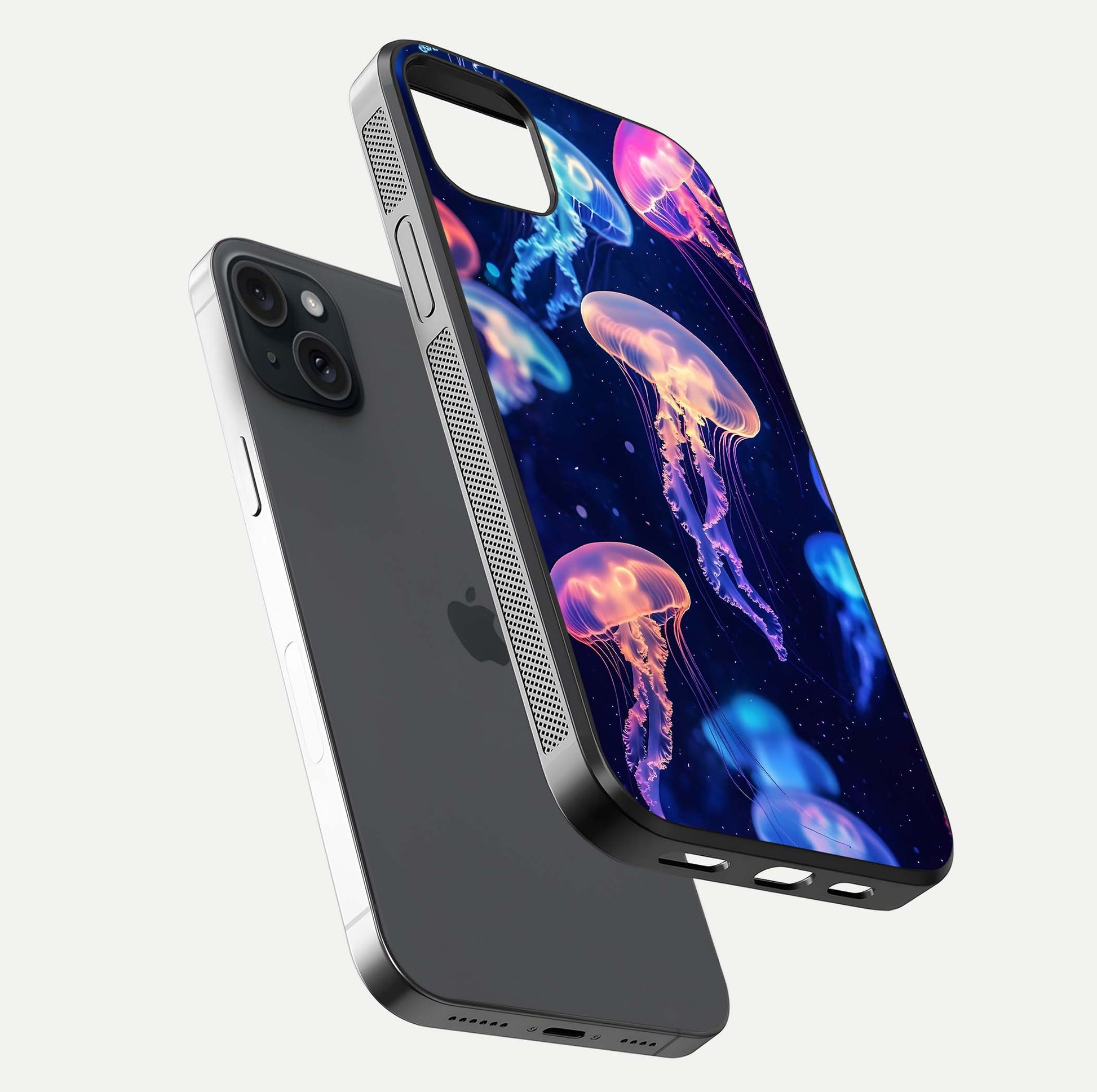 Jellyfish Pattern Glass Case for iPhone 15 Plus floating dual-view mockup showing gloss texture and oceanic depth