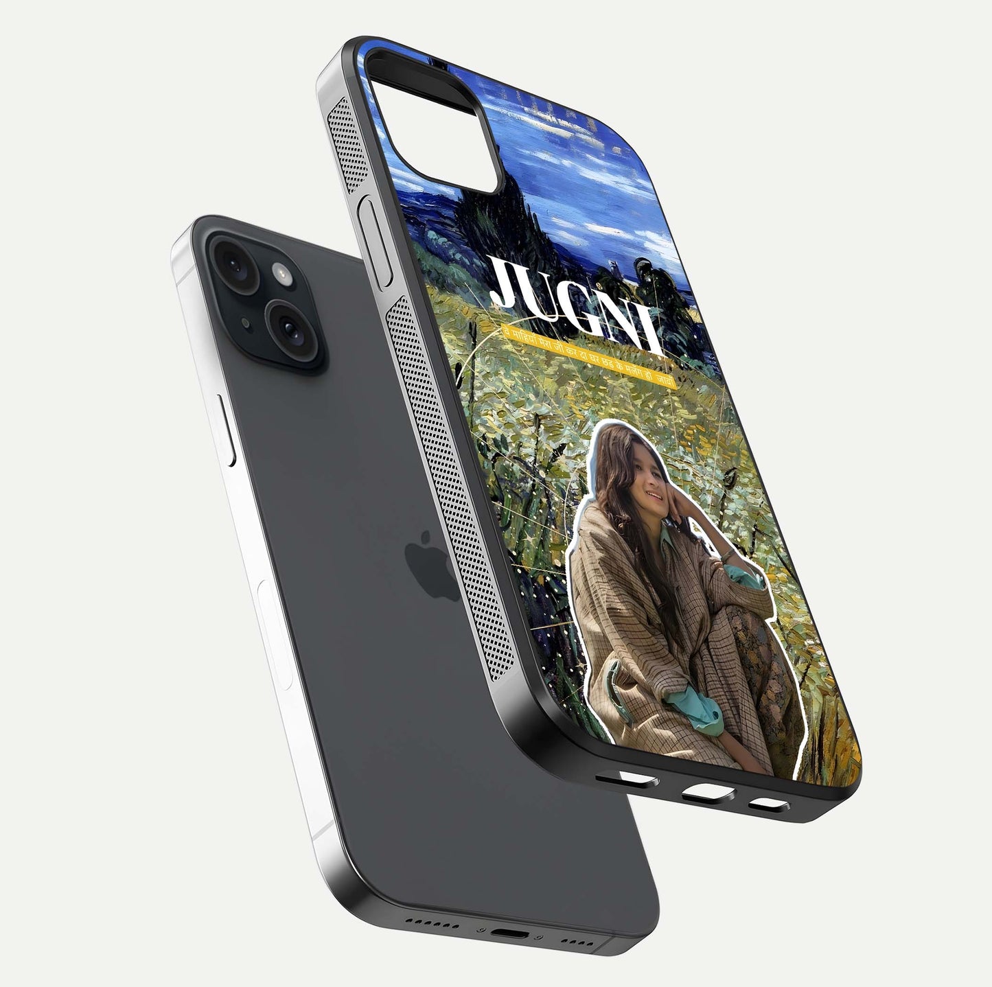 Jugni Soul Vibes Glass Case for iPhone 15 Plus floating dual-view mockup showing gloss surface and vivid design style