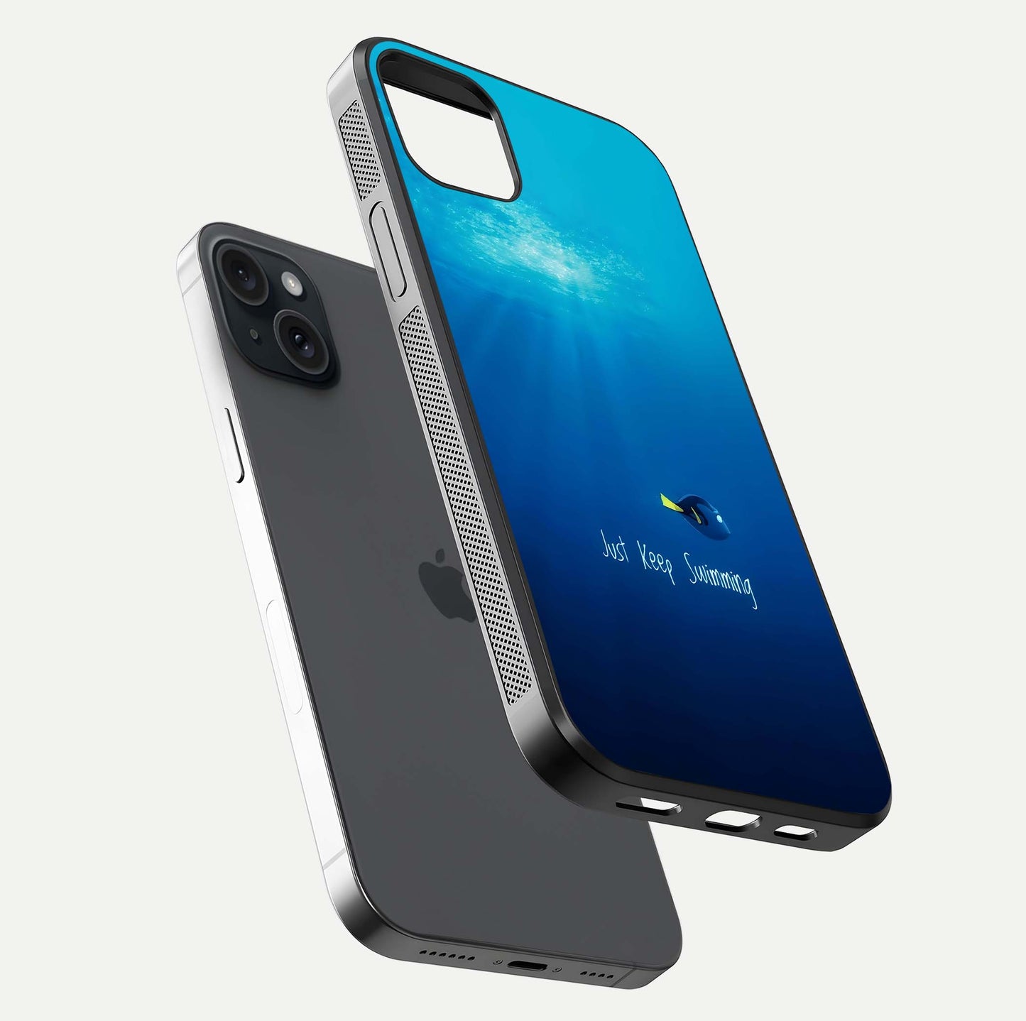 Just Keep Swimming Glass Case for iPhone 15 Plus floating dual-view mockup showing gloss brightness and wave motif