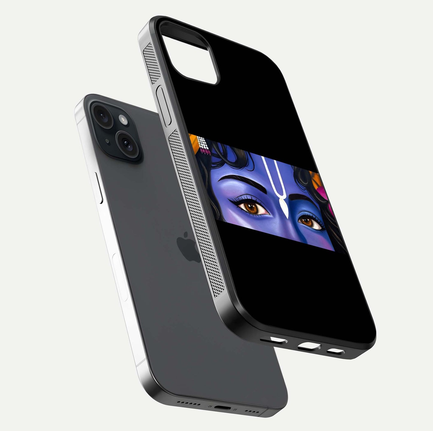 Krishna Eye Glass Case for iPhone 15 Plus floating dual-view mockup showing gloss surface and divine art depth
